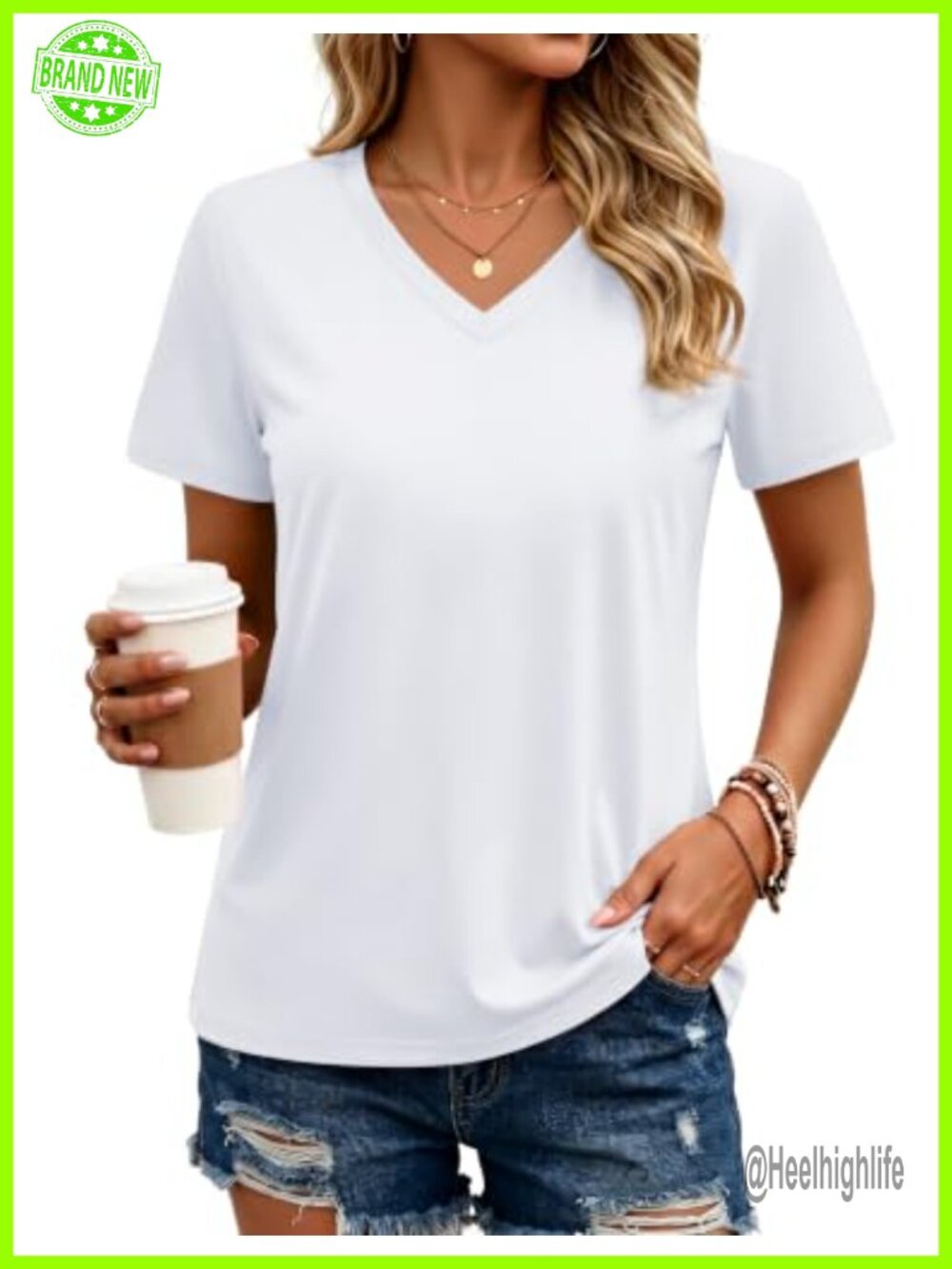Women's Cotton V-Neck Short Sleeve T-Shirt Classic Fit Summer Basic Tee